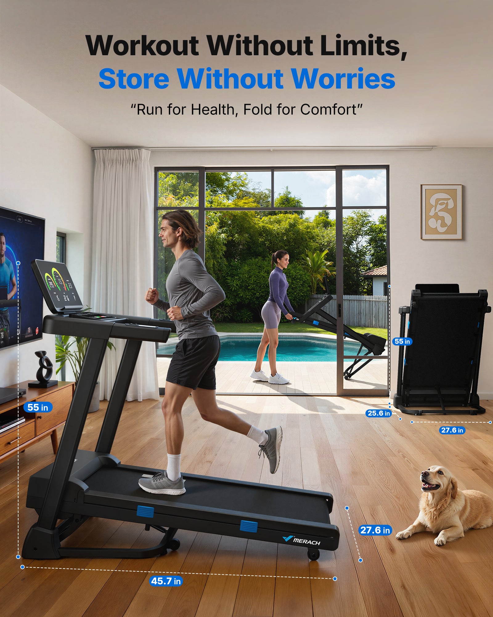 MERACH Treadmills for Home with Auto Incline15%, 7-Layer Belt 320 LBS Capacity Tredmill Foldable Handle Running Treadmills for Home, 0.5-7.5MPH 3.0HP Folding Treadmill LED with APP