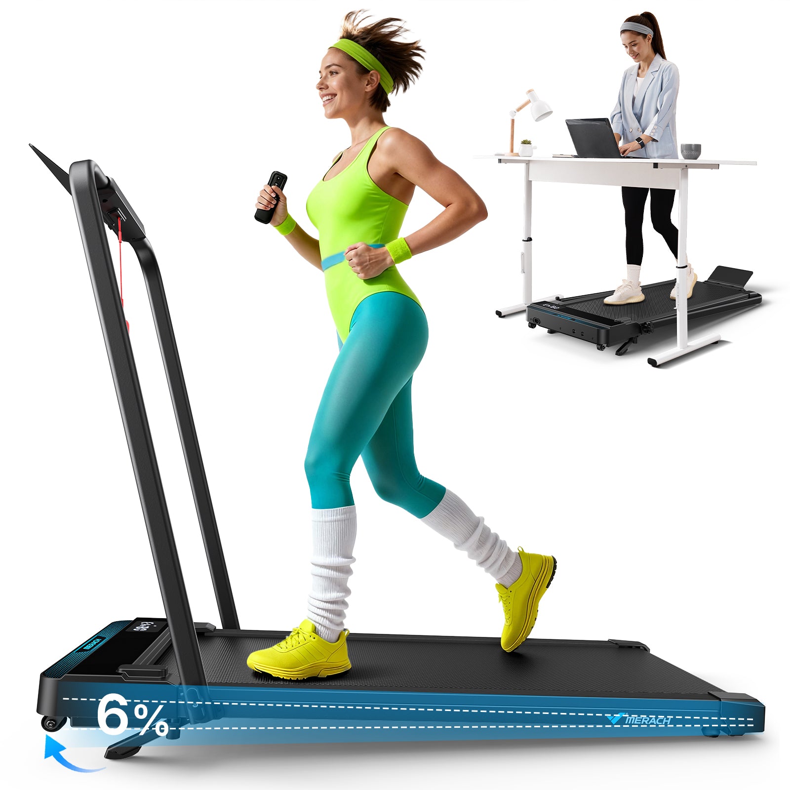 MERACH Walking Pad Treadmill with Handle Bar and 6% Incline, 7.6MPH 2 in1 Folding Treadmill for Home, 3.0HP Easy Store & Foldable Walking Pad with Incline, LED Screen, Smart APP, 300Lbs Capacity