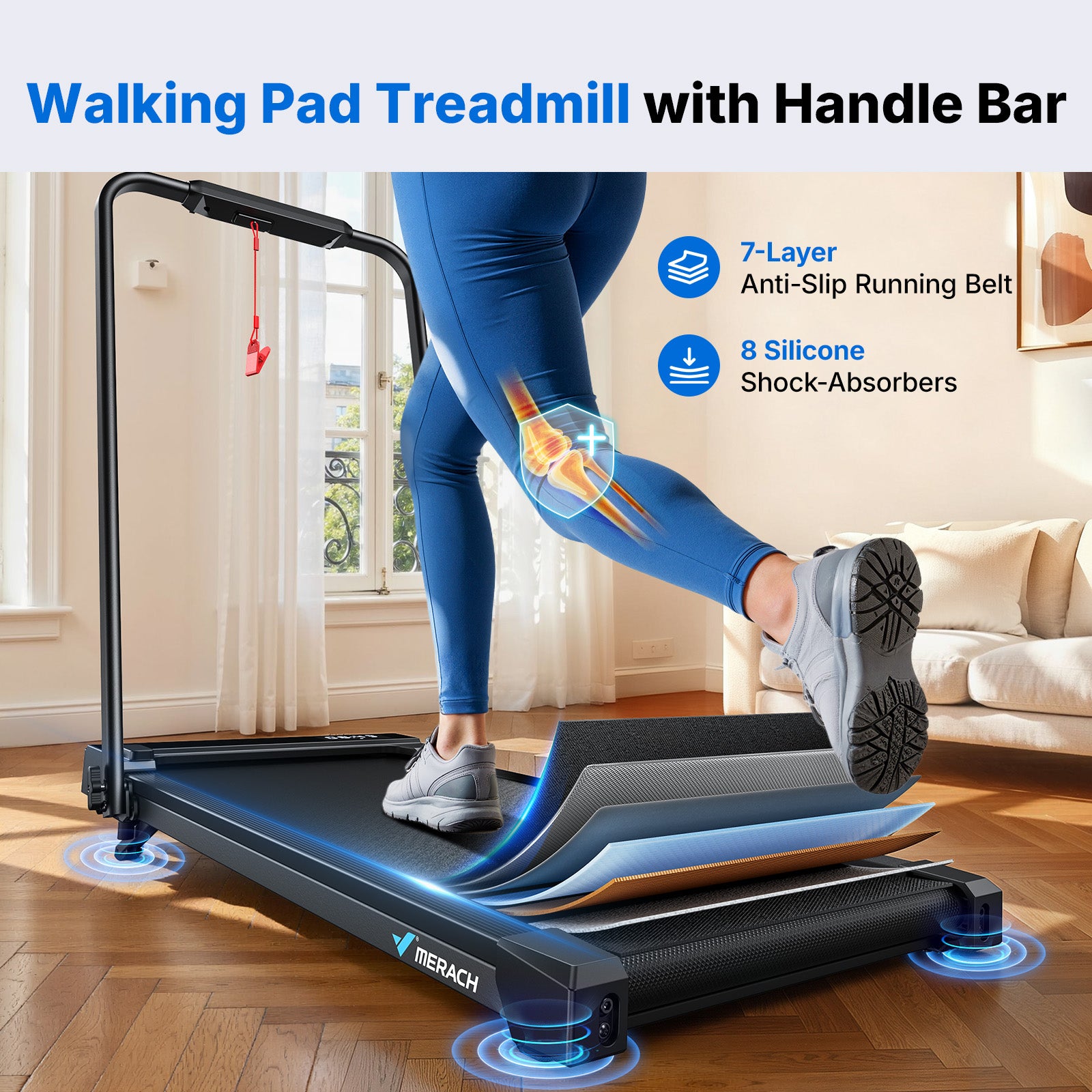 MERACH Walking Pad Treadmill with Handle Bar and 6% Incline, 7.6MPH 2 in1 Folding Treadmill for Home, 3.0HP Easy Store & Foldable Walking Pad with Incline, LED Screen, Smart APP, 300Lbs Capacity