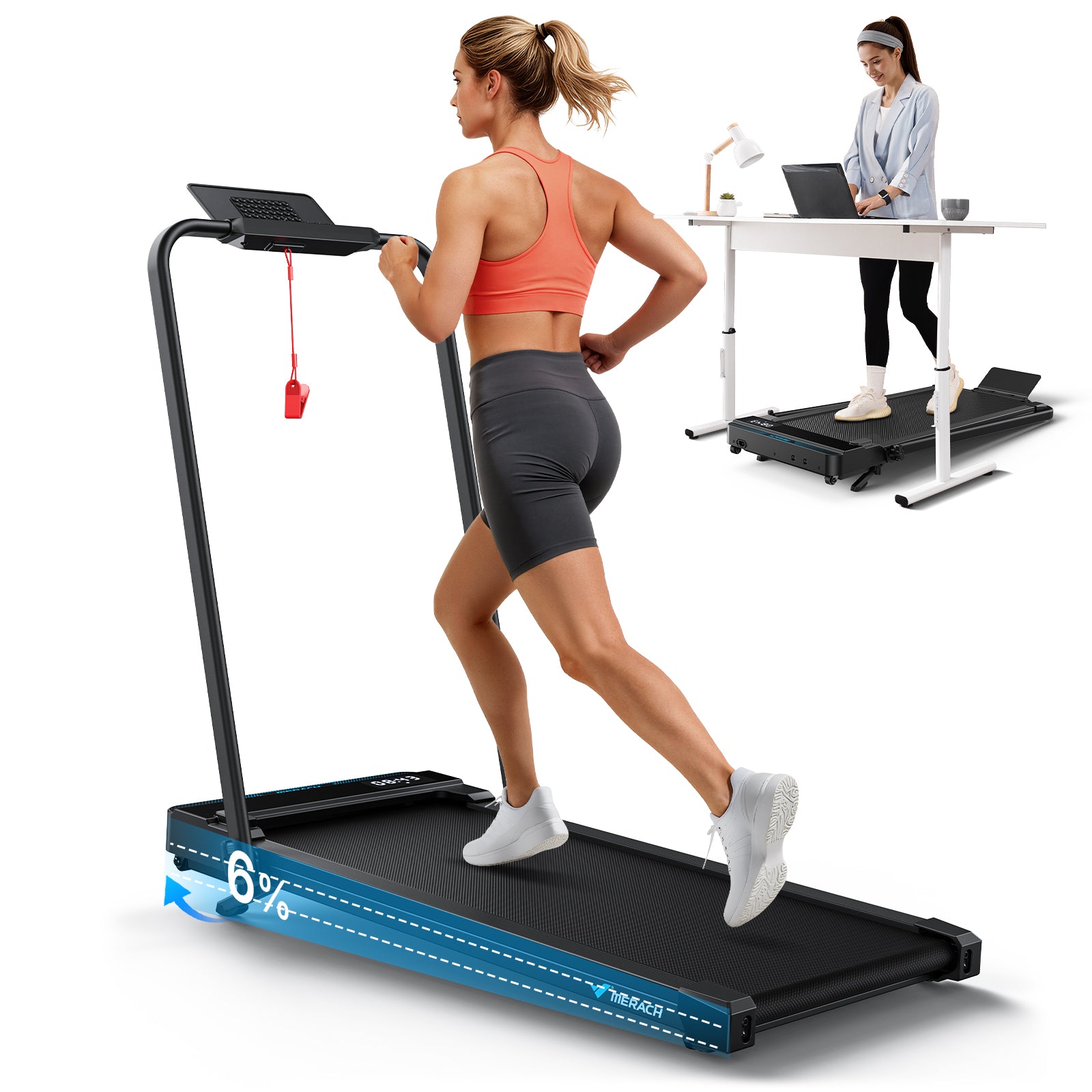 MERACH Walking Pad Treadmill with Handle Bar and 6% Incline, 7.6MPH 2 in1 Folding Treadmill for Home, 3.0HP Easy Store & Foldable Walking Pad with Incline, LED Screen, Smart APP, 300Lbs Capacity