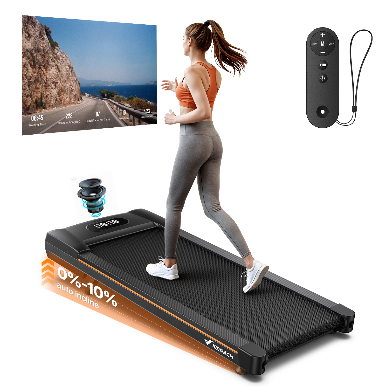 MERACH Walking Pad Treadmill with Incline 10% Auto Incline, 350LBS Capacity Treadmills for Home, Under Desk Compact Treadmill 3.0HP Strong Walkingpad with Bluetooth Speaker & Remote Control