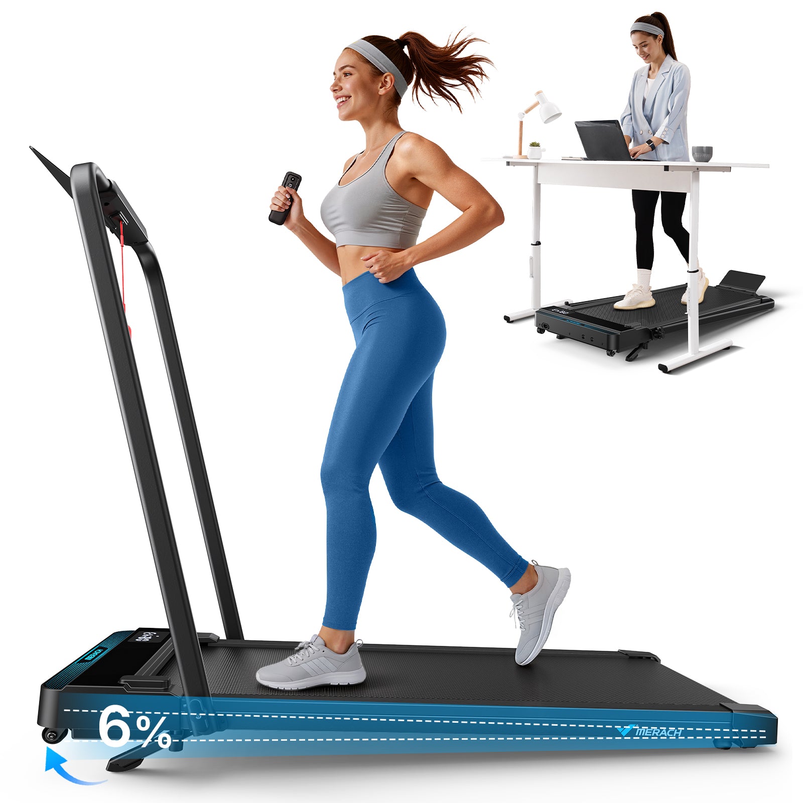 MERACH Walking Pad Treadmill with Handle Bar and 6% Incline, 7.6MPH 2 in1 Folding Treadmill for Home, 3.0HP Easy Store & Foldable Walking Pad with Incline, LED Screen, Smart APP, 300Lbs Capacity