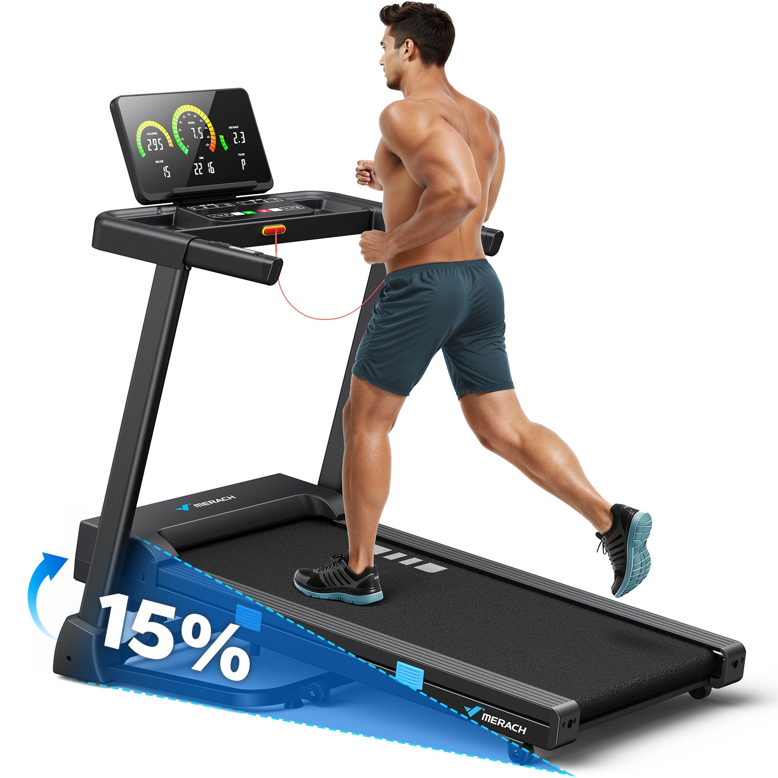 MERACH Treadmills for Home with Auto Incline15%, 7-Layer Belt 320 LBS Capacity Tredmill Foldable Handle Running Treadmills for Home, 0.5-7.5MPH 3.0HP Folding Treadmill LED with APP