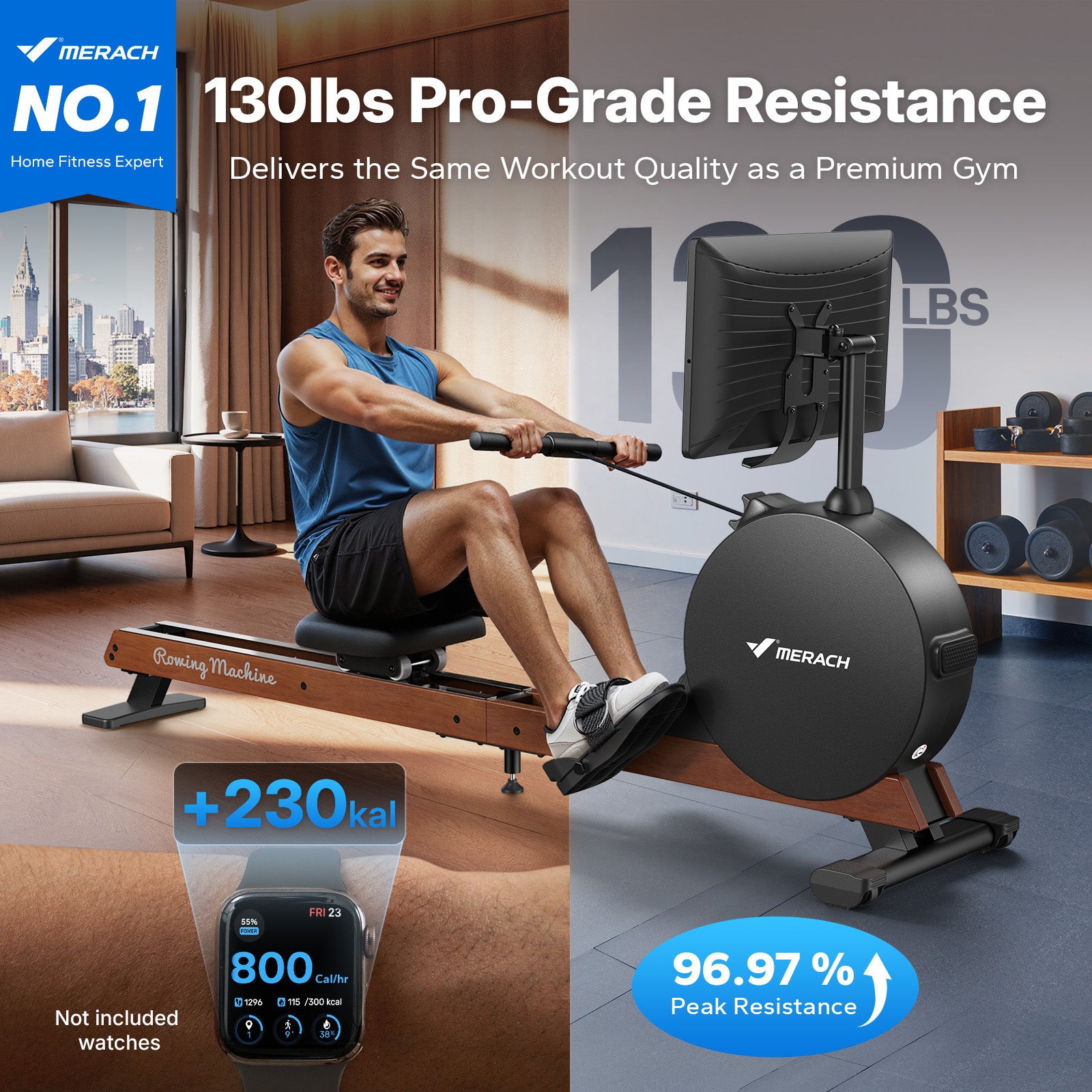 Quiet Rowing Machine with High Resistance & 21.5