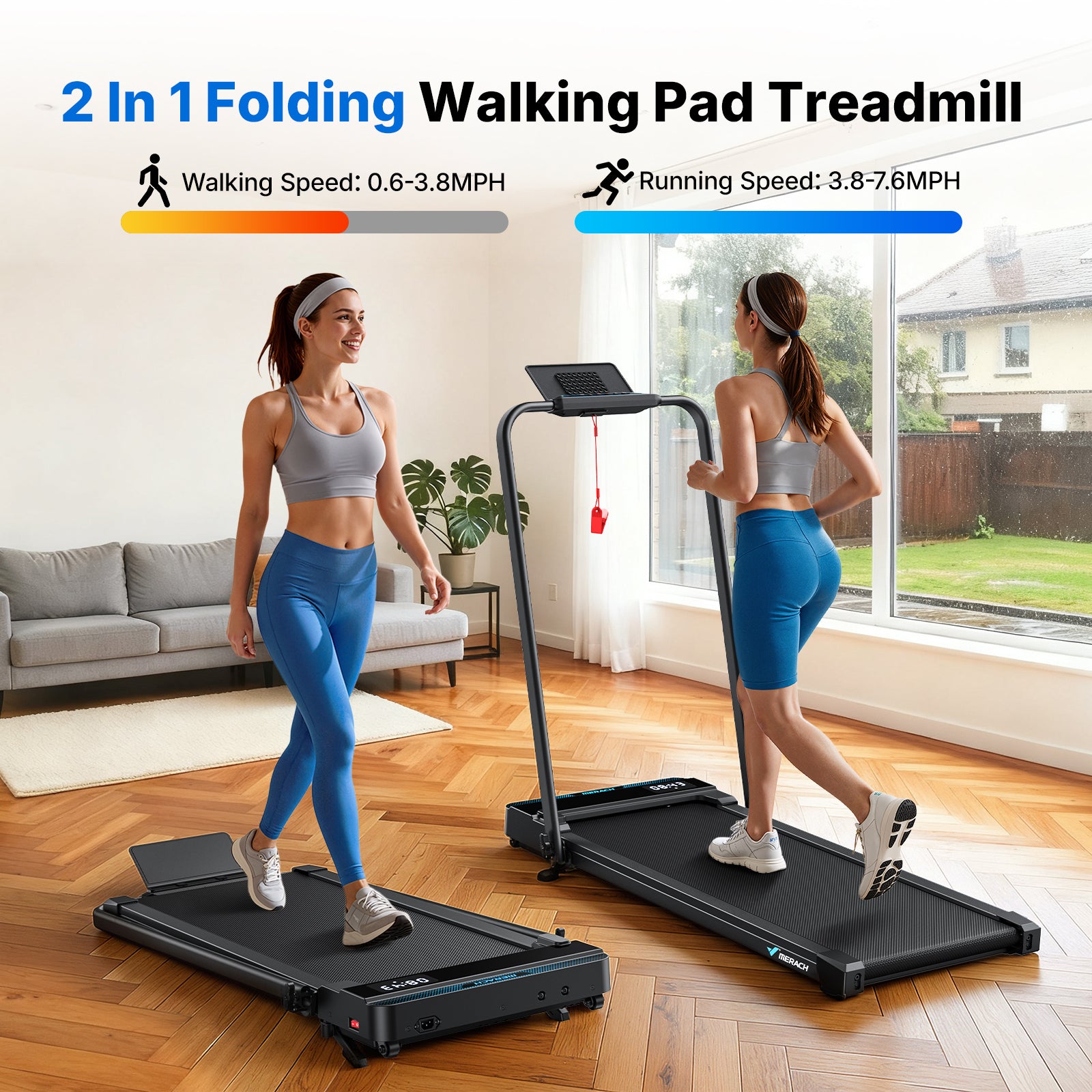 MERACH Walking Pad Treadmill with Handle Bar and 6% Incline, 7.6MPH 2 in1 Folding Treadmill for Home, 3.0HP Easy Store & Foldable Walking Pad with Incline, LED Screen, Smart APP, 300Lbs Capacity