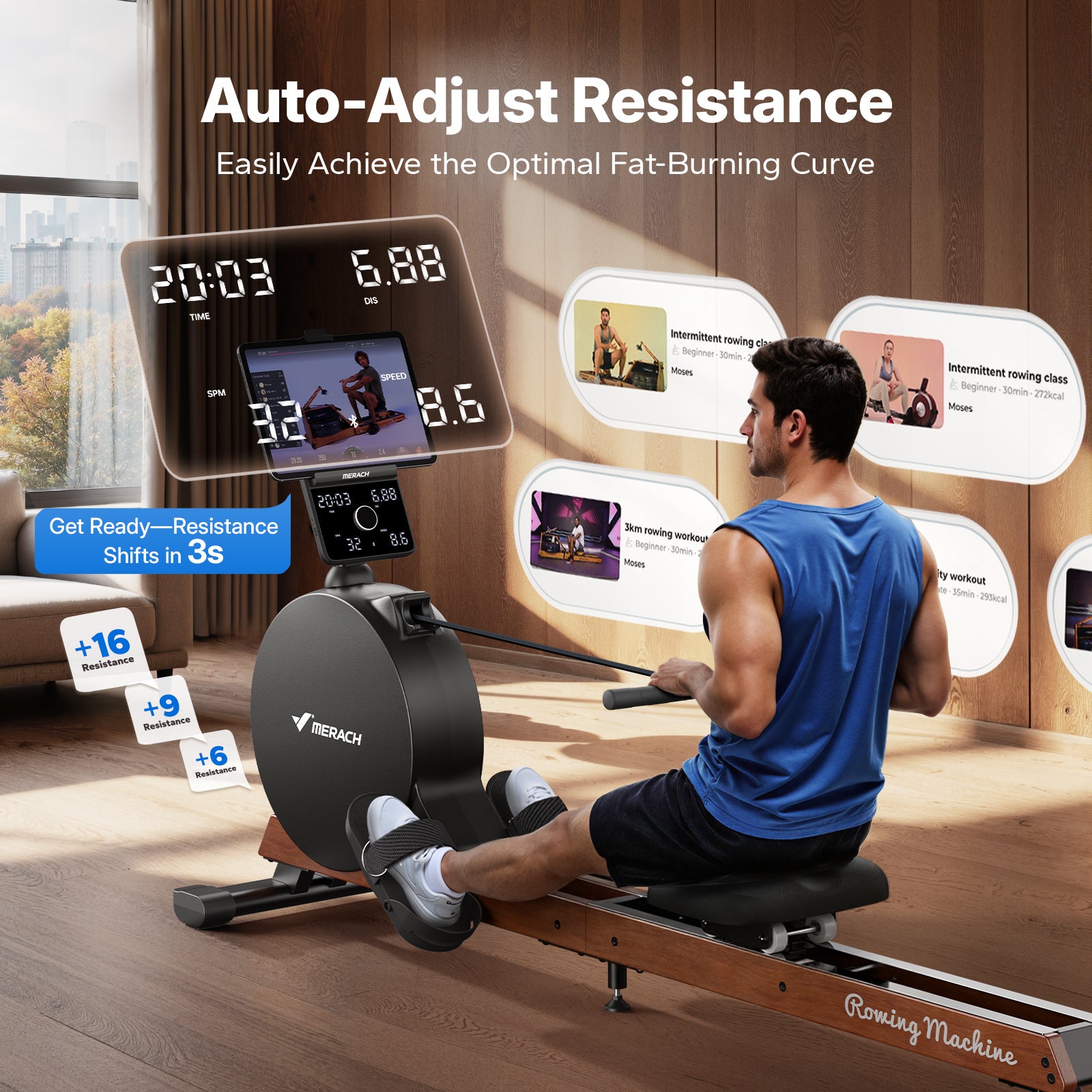 Q3S Self-powered Magnetic Rowing Machine for Beginners with LED Display