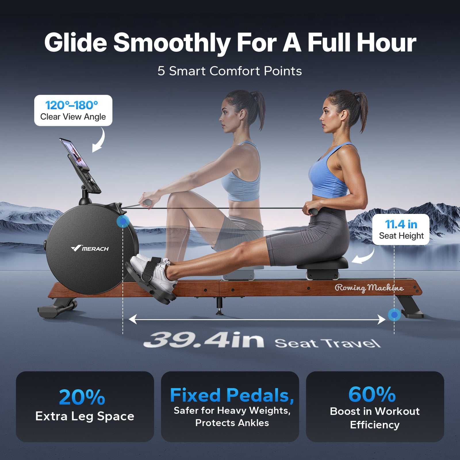 Q3S Self-powered Magnetic Rowing Machine for Beginners with LED Display