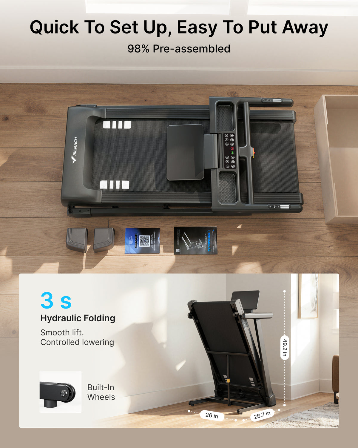 MERACH T16 Incline Treadmill for Home 300 LBS Capacity 3S Quick Foldable