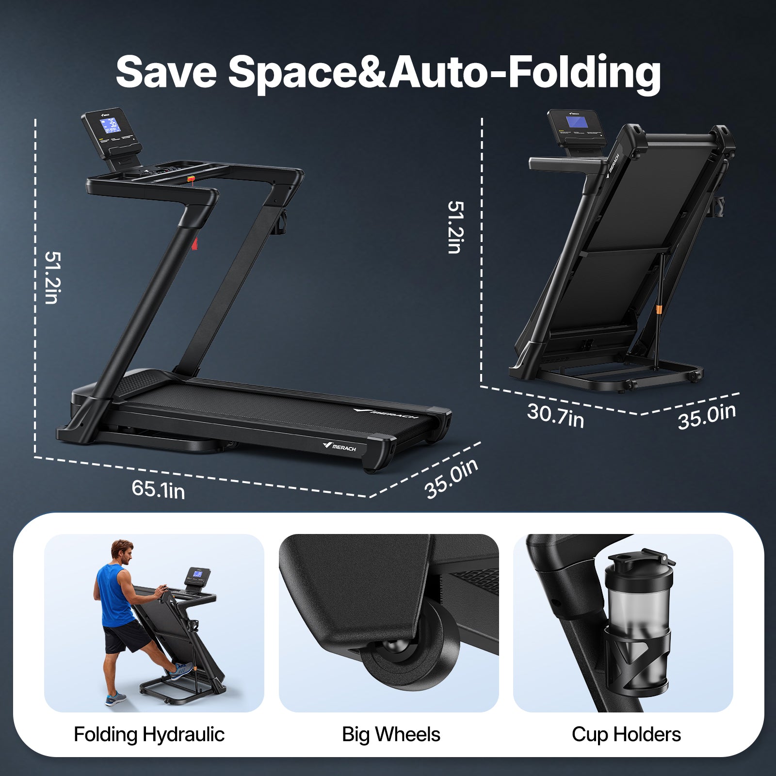 MERACH Treadmill with 18% Auto Incline, 55"x18" Wide Belt Treadmills for Home, 0.5-8.7MPH 3.5HP Brushless Incline Treadmill for Home, 350LBS Quite Foldable Treadmills with Screen & APP