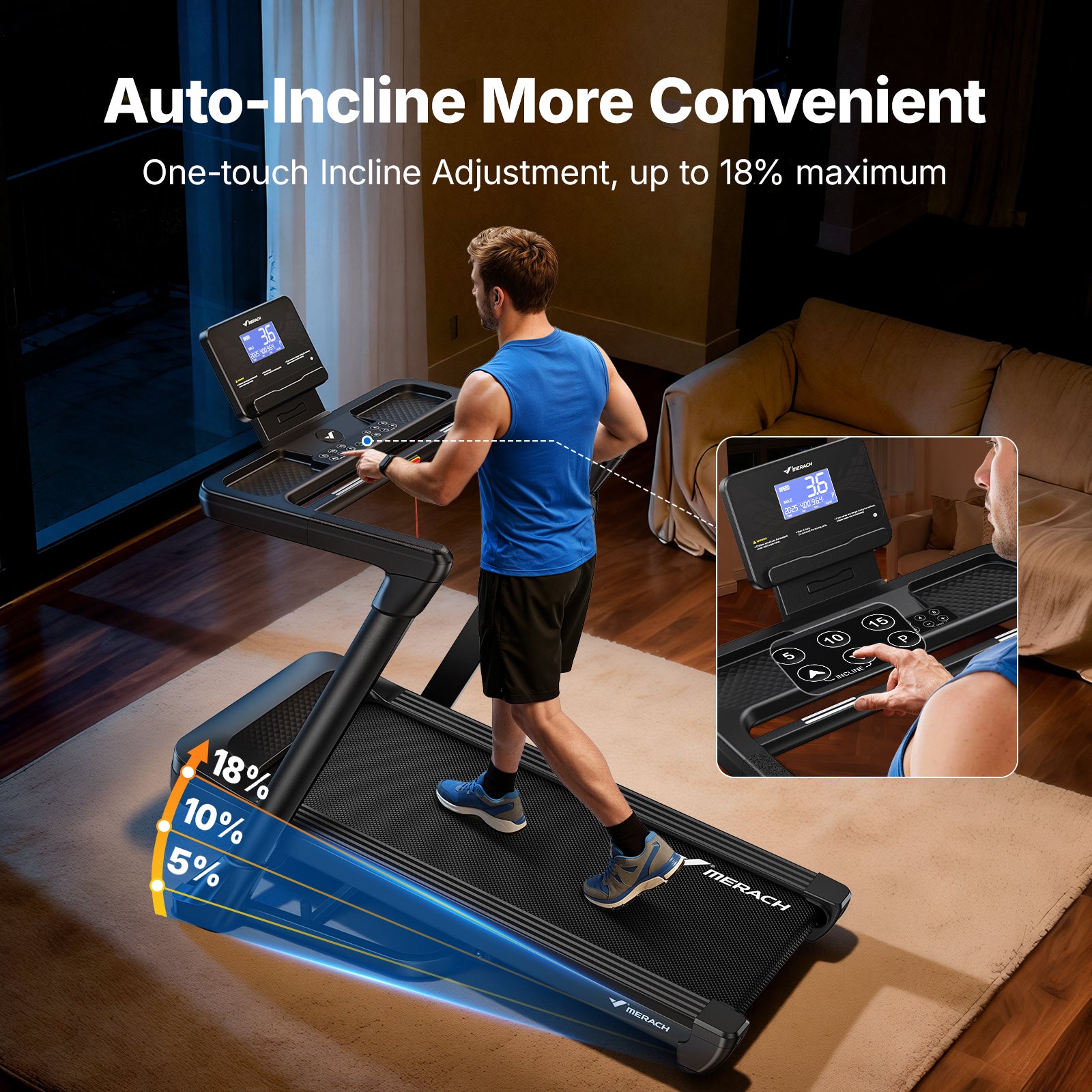 MERACH Treadmill with 18% Auto Incline, 55"x18" Wide Belt Treadmills for Home, 0.5-8.7MPH 3.5HP Brushless Incline Treadmill for Home, 350LBS Quite Foldable Treadmills with Screen & APP