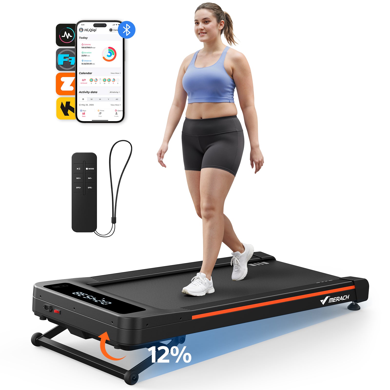 MERACH NovaWalk W50 TrekPad, 12% Auto Incline Walking Pad Treadmills for Home, 400lbs Capacity, Under Desk Treadmill with Remote & LED