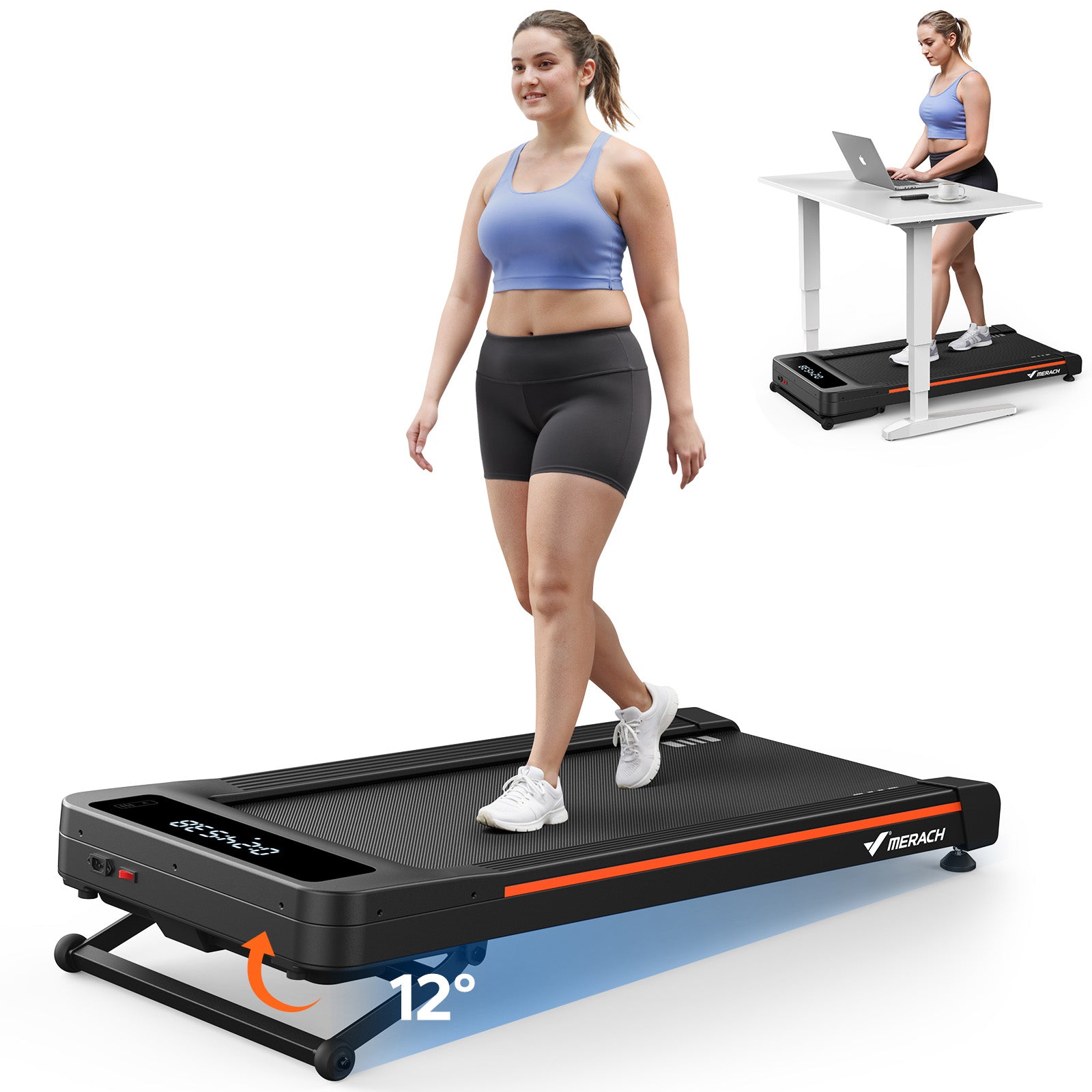MERACH NovaWalk W50 TrekPad, 12% Auto Incline Walking Pad Treadmills for Home, 400lbs Capacity, Under Desk Treadmill with Remote & LED