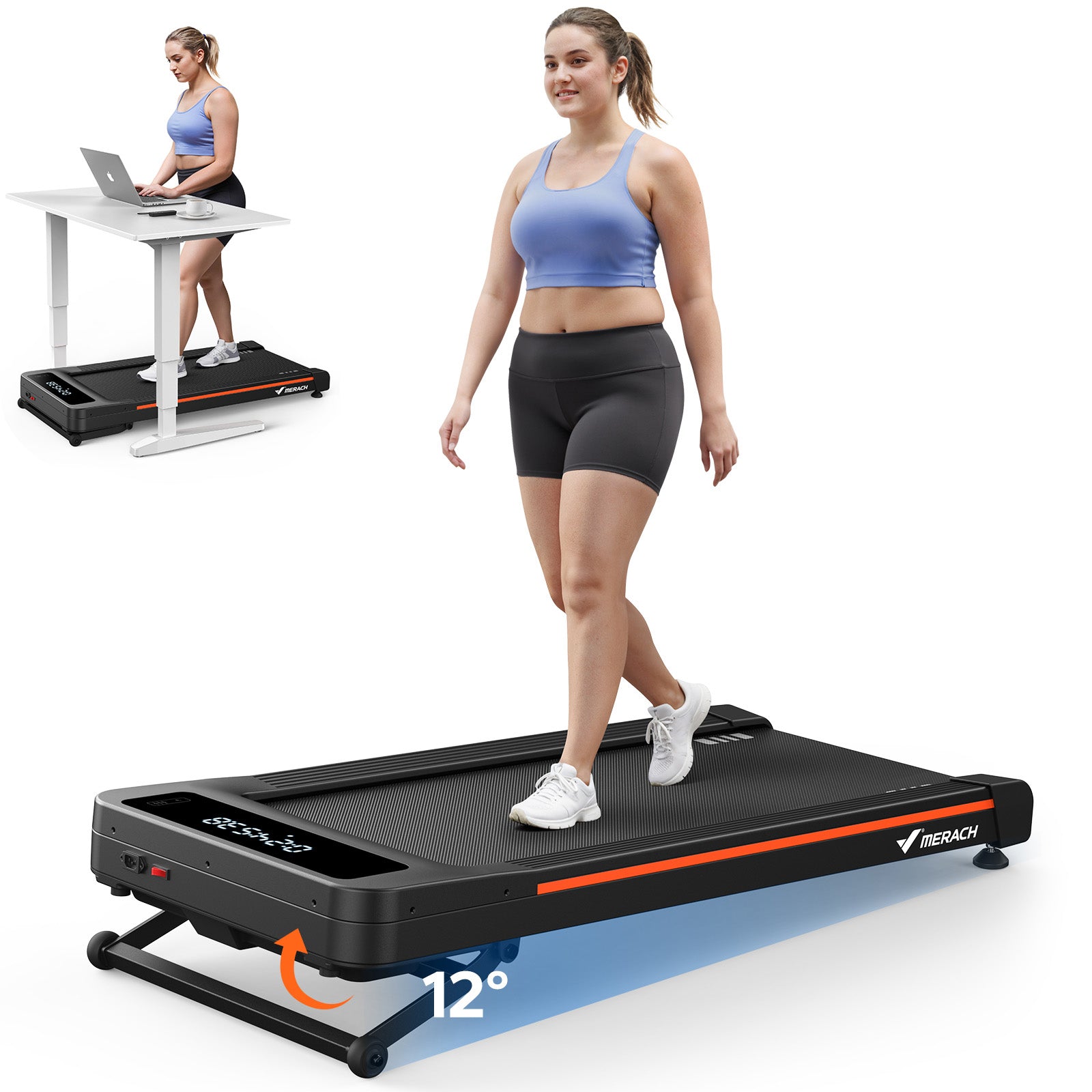 MERACH NovaWalk W50 TrekPad, 12% Auto Incline Walking Pad Treadmills for Home, 400lbs Capacity, Under Desk Treadmill with Remote & LED