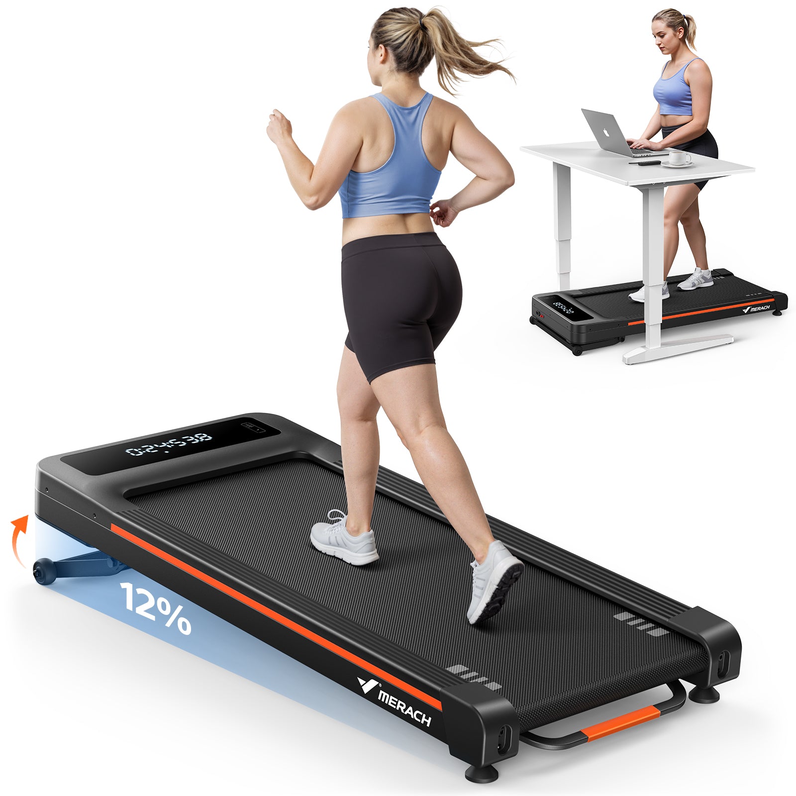 MERACH NovaWalk W50 TrekPad, 12% Auto Incline Walking Pad Treadmills for Home, 400lbs Capacity, Under Desk Treadmill with Remote & LED